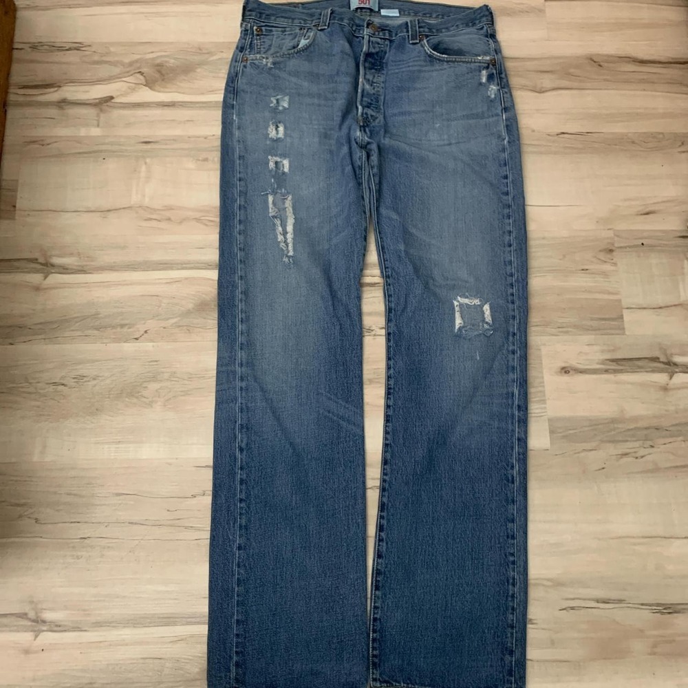 Levis 501 Mens Vintage 90s Distressed Straight Leg Button Fly Jeans Blue 36x36